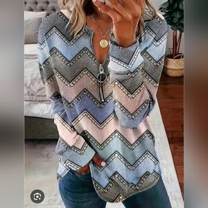 Women's Chevron Zip-Front Pullover in Pastel Blue & Pink Fits 3X/4X